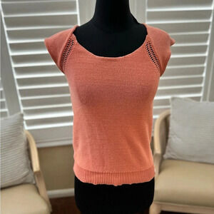 Roxy | Peachy Orange Knit Crochet Sweater Short Sleeve Top - Size S